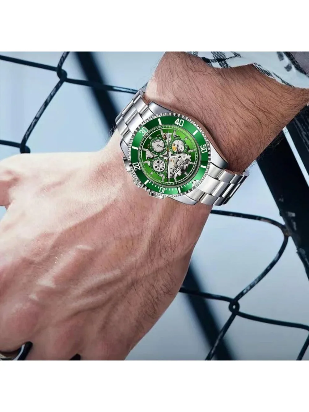 Men's Green Automatic Skeleton 43mm Mechanical Luminous Stainless Steel Watch